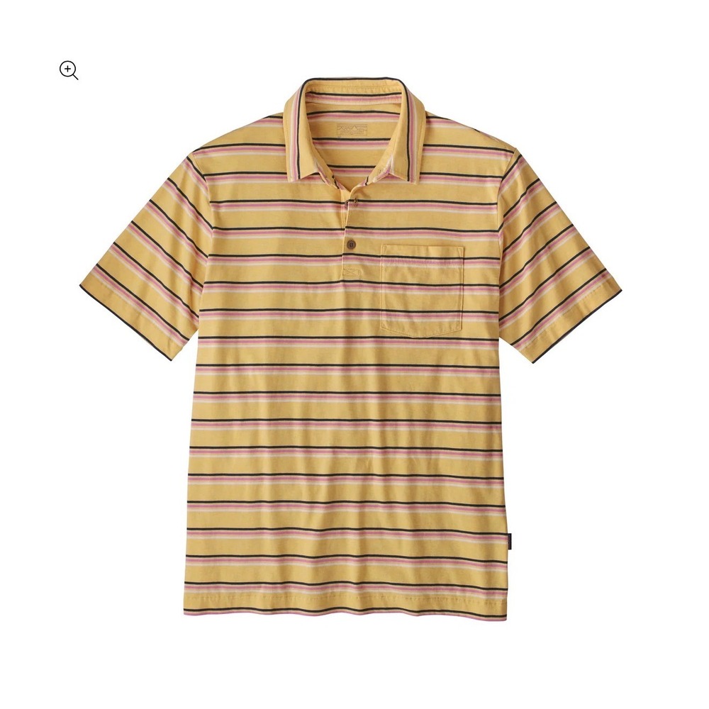 Patagonia Polo Shirt Mens L Yellow Pink Striped Short Sleeve Organic Cotton